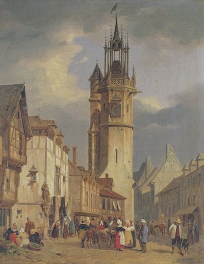 Französische Stadtszene mit einem Glockenturm von German School